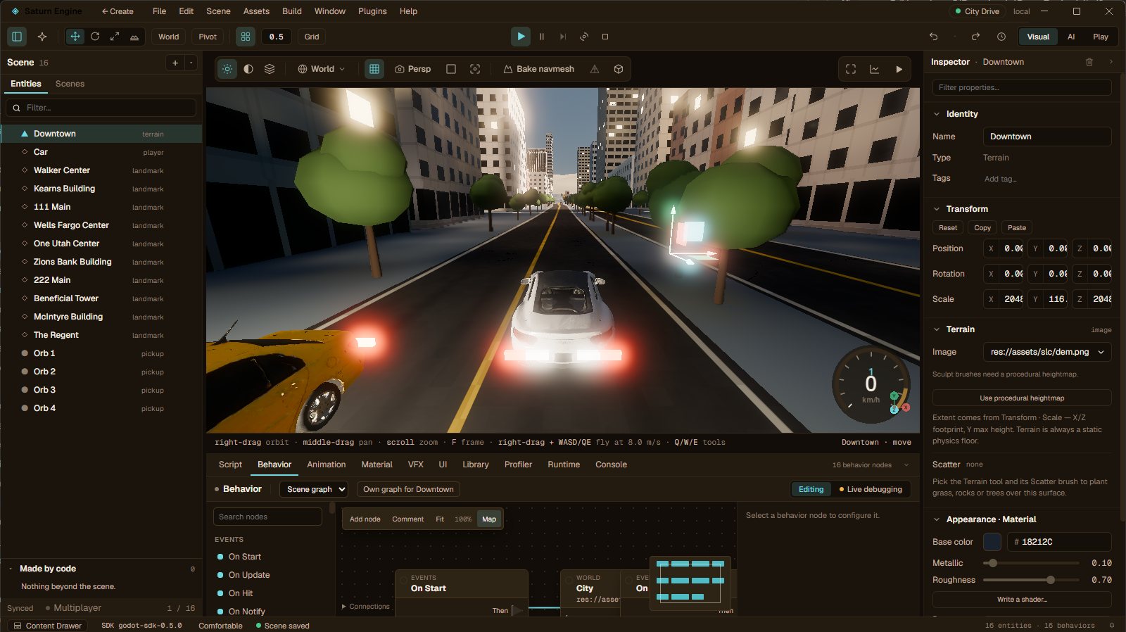 The Saturn editor with City Drive open: the scene list, the game running in the viewport, the behaviour graph and the inspector.